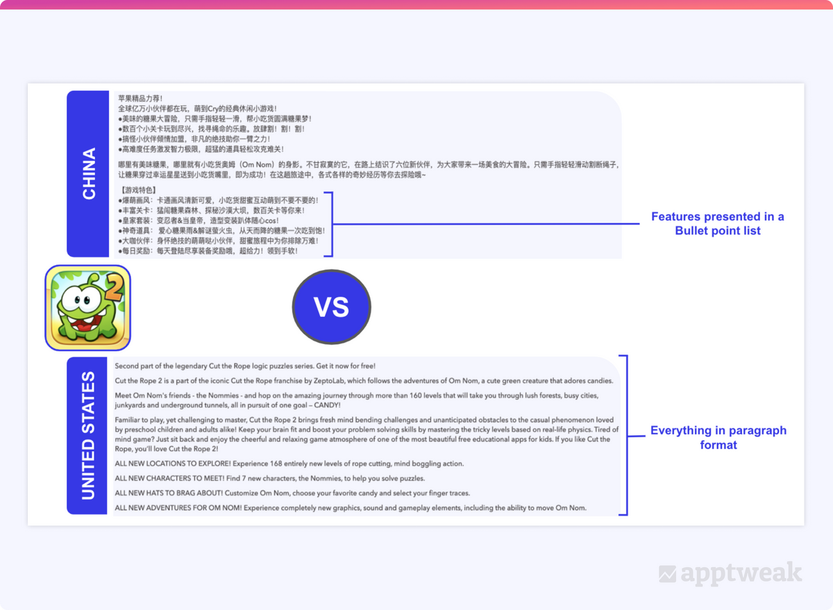 Example of an app long description in US vs China app store
